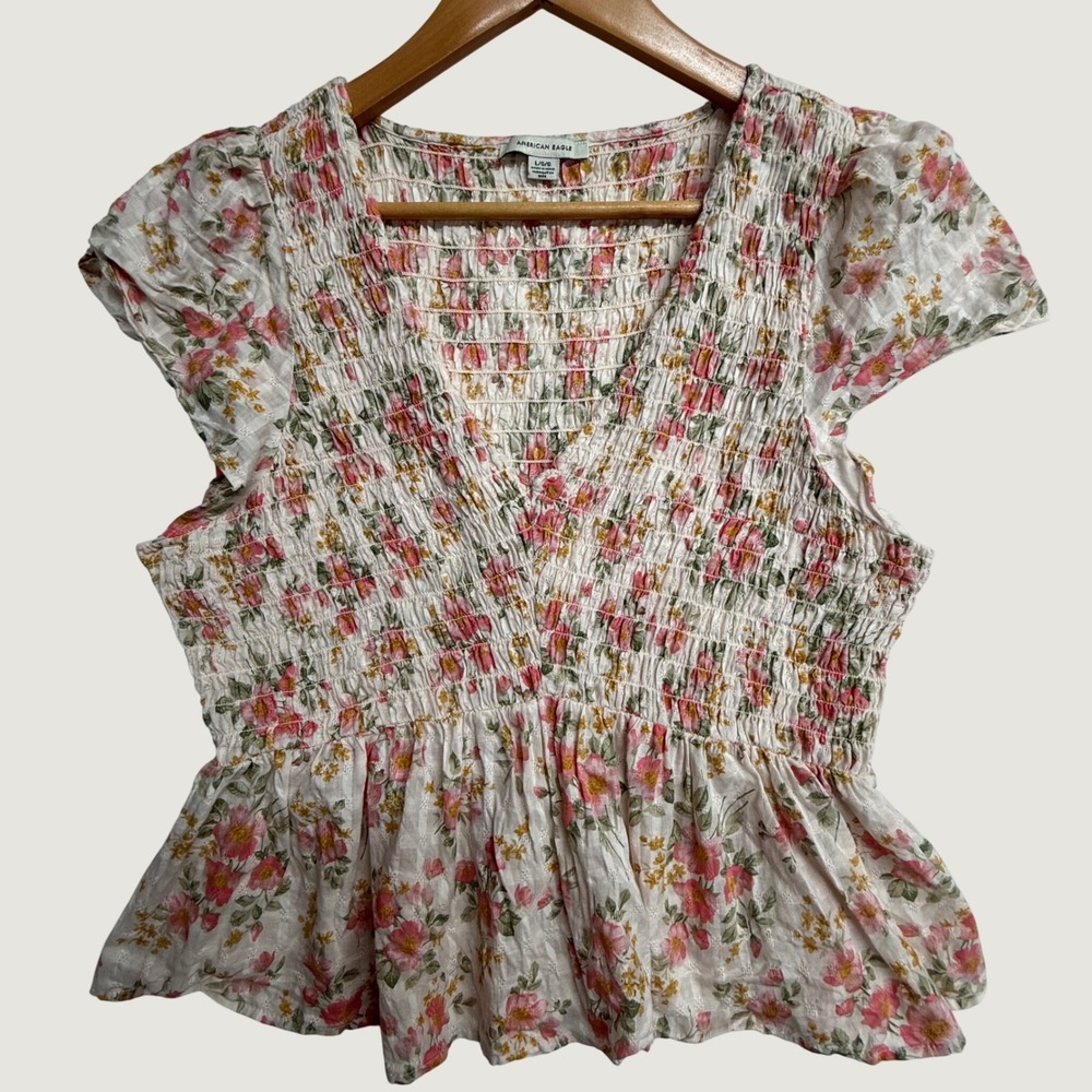 American Eagle Floral Smocked Peplum Top Large Cottagecore Puff Sleeve Boho